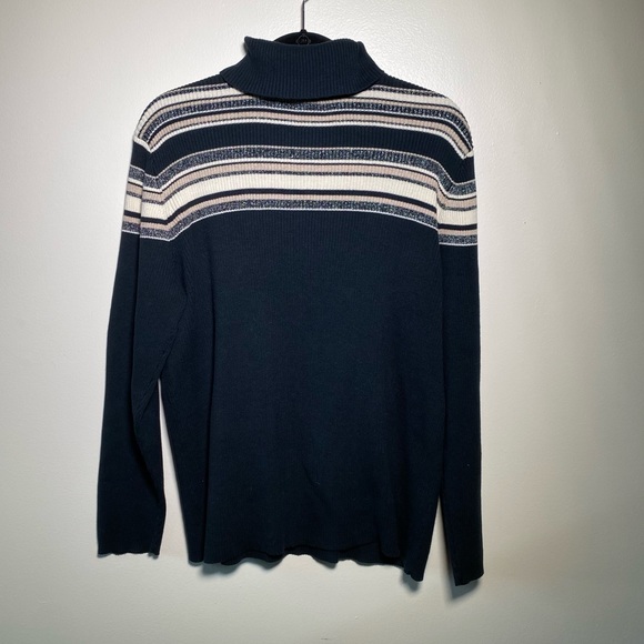 Denim&Co Sweaters - Vtg 90s y2k Ribbed Sweater Turtleneck Knit stripes with Metallic thread 2000s.